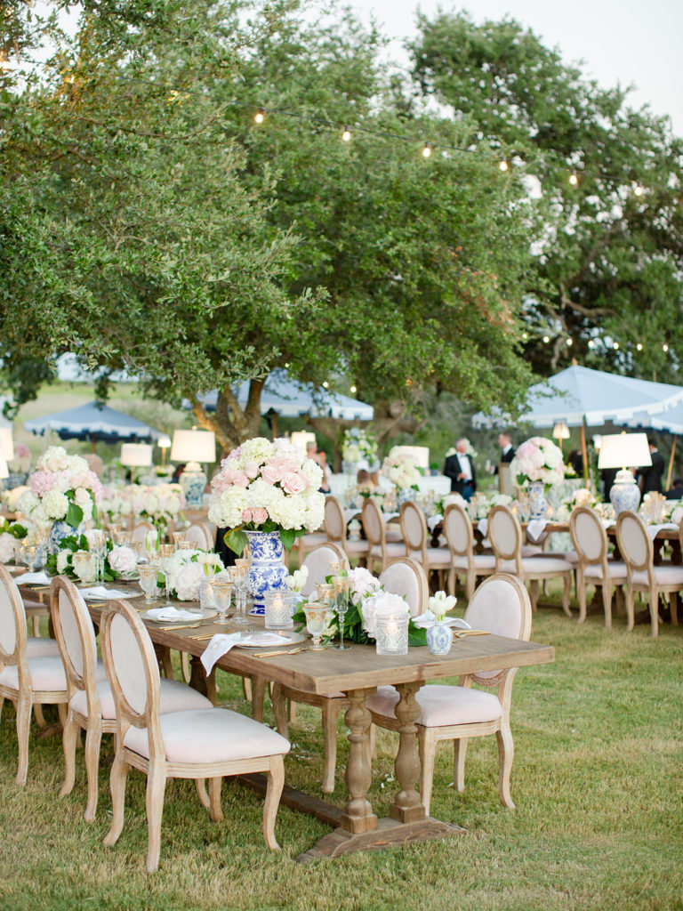 farmhouse tables lush wedding reception